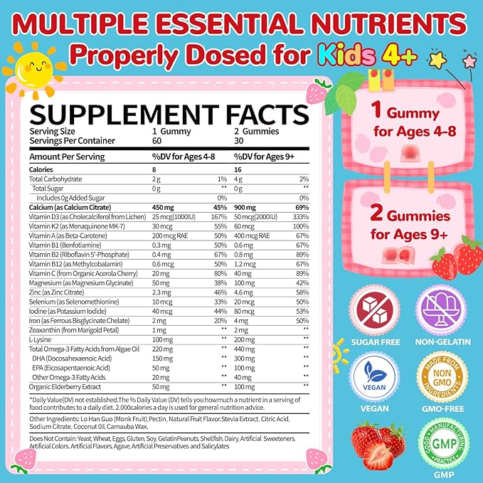 Kids Calcium Gummies with Vitamin D3: Sugar Free Chewable Calcium Citrate for Kids Plus Organic Vitamin D3 K2 Magnesium Zinc Lysine Omega3 - Easy to Digest High Absorption Non-GMO(60Count)