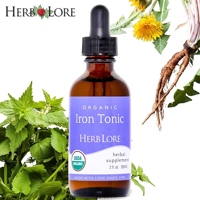 Herb Lore Organic Iron Tonic Tincture – Liquid Iron Drops for Women and Men – Non Constipating Easy on Stomach Plant Based Vegan &amp Alcohol Based (2 fl oz)