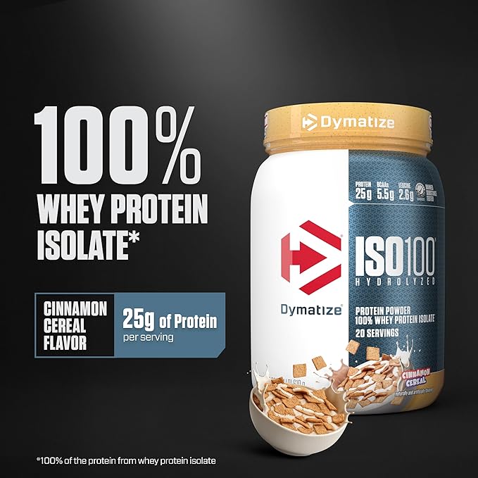 Dymatize ISO100 Whey Protein Powder Isolate Cinnamon Cereal 25g of Protein 5.5g BCAAs Less Than 120 Cal. Gluten Free 1g Fat 1g Sugar 2g Carb (20 Servings)