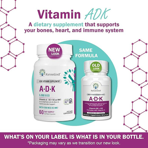 ADK Vitamin Supplement - Enhanced Bone Health with High Potency Vitamins A D3 K2 Gluten-Free 60 Capsules (Pack of 2)