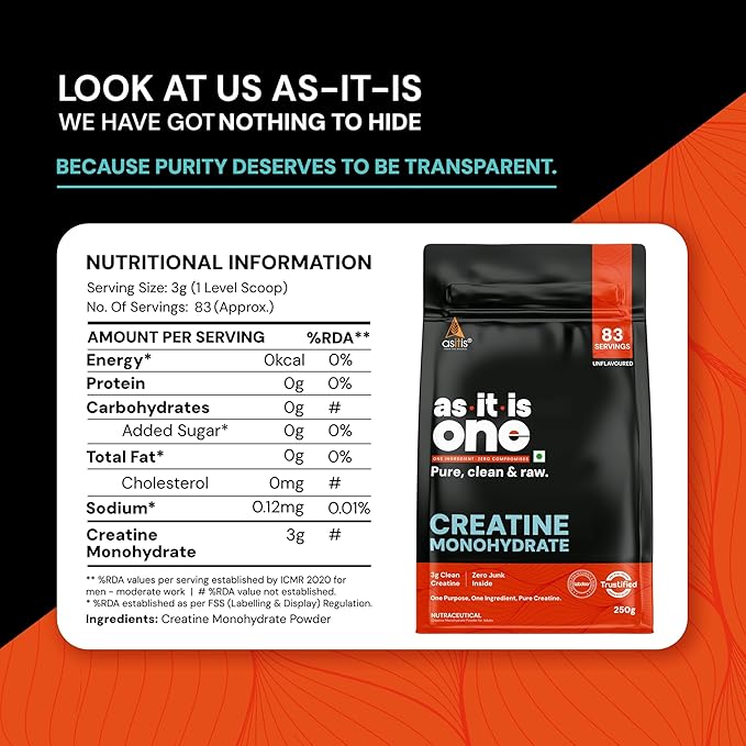 AS-IT-IS Nutrition Creatine Monohydrate 250gms/8.8 Oz | USA Labdoor Certified for Accuracy &amp Purity Preworkout 2.5g Per Serving Free of Fillers and Preservatives
