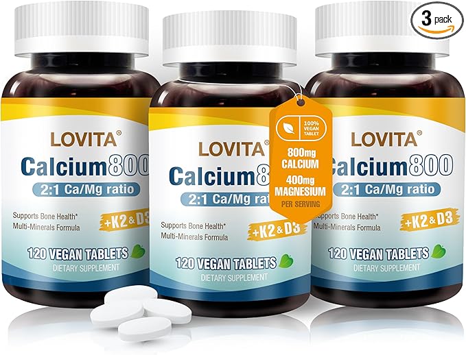 LOVITA Calcium Citrate 800 mg with Magnesium Vitamin D3 &amp K2 Bone Strength &amp Density Supplement for Women &amp Men Supports Teeth Immune Health Gluten Free Non-GMO 360 Vegan Tablets