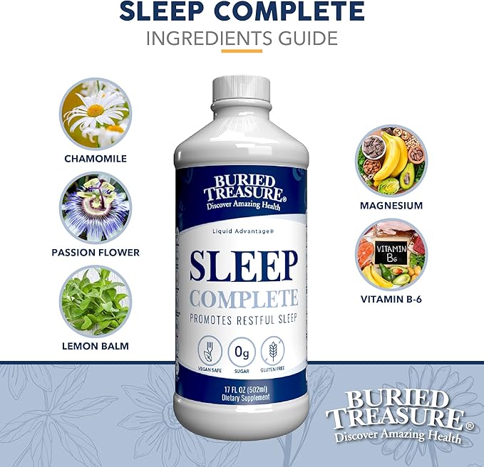 Buried Treasure Sleep Complete Promotes Restful Sleep with Chamomile Passion Flower Lemon Balm Melatonin Herbal Whole Food Complex 16 oz