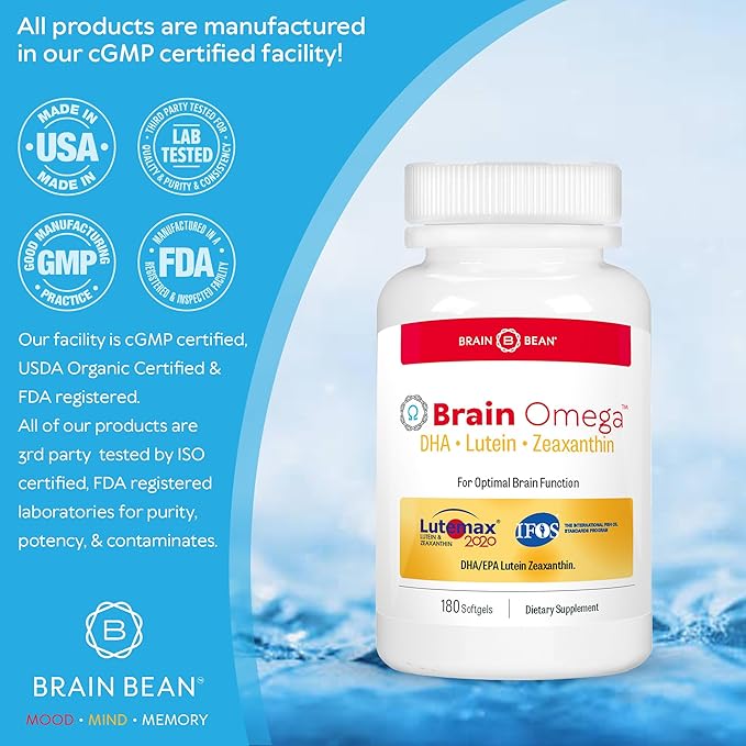 Brain Omega with Lutein and Zeaxanthin – Omega 3 Supplement for Brain Heart &amp Eye Health – 460 mg DHA 90 mg EPA Lutein and Zeaxanthin Supplements – 180 Softgels (90 Servings)