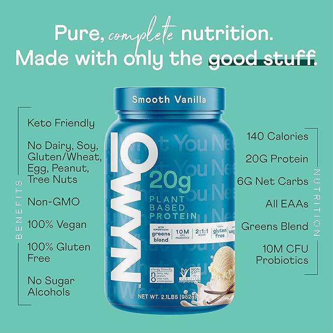 OWYN Only What You Need Dairy Free Protein Powder with 20g Protein Probiotics Superfoods Greens Pea Chia and Pumpkin Seed Blend (Smooth Vanilla 2.1 Pound - Pack of 1)