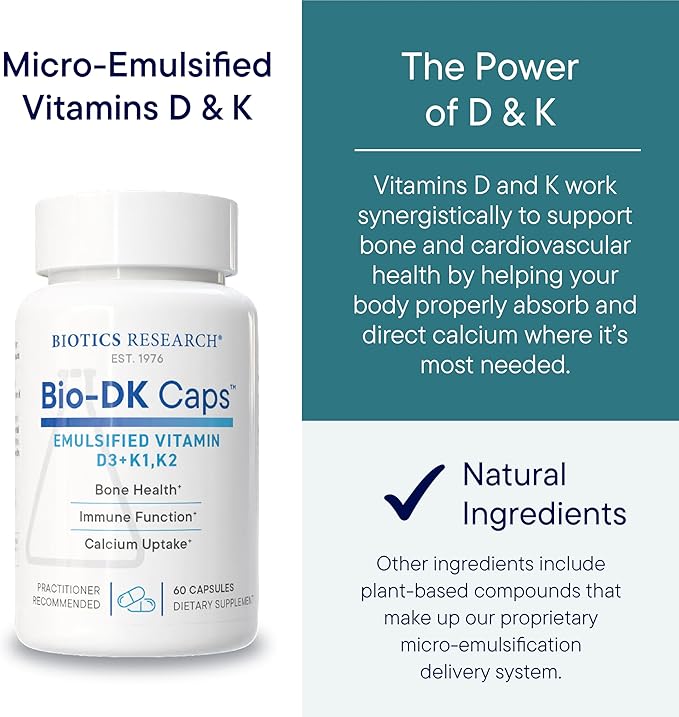 BIOTICS RESEARCH Bio-DK Caps™–Emulsified Vitamin D and K Vitamin D3 125 mcg &amp Vitamin K (k1k2) 550 mcg- MK7– Vitamin D3 K2 K1 Stronger Bones Musculoskeletal Strength Healthy Heart &amp BMI 6