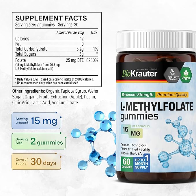 BIO KRAUTER® L Methylfolate Gummies for Folic Support - Folic Acid Gummies (Vitamin B9) MTHF Supplement for Mood Support - Folate Supplement 15 mg L-Methylfolate per Serving 60 Vegan Gummies