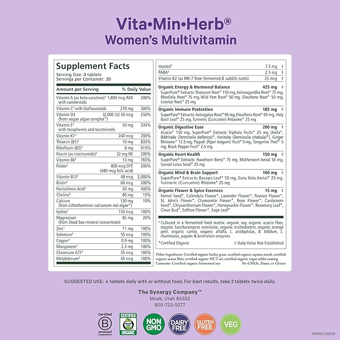 PURE SYNERGY Vita·Min·Herb for Women | Women’s Comprehensive Multivitamin Supplement | Made with Organic Whole Food Non-GMO &amp Vegan Ingredients | Supports Energy &amp Immune Health (120 Tablets)