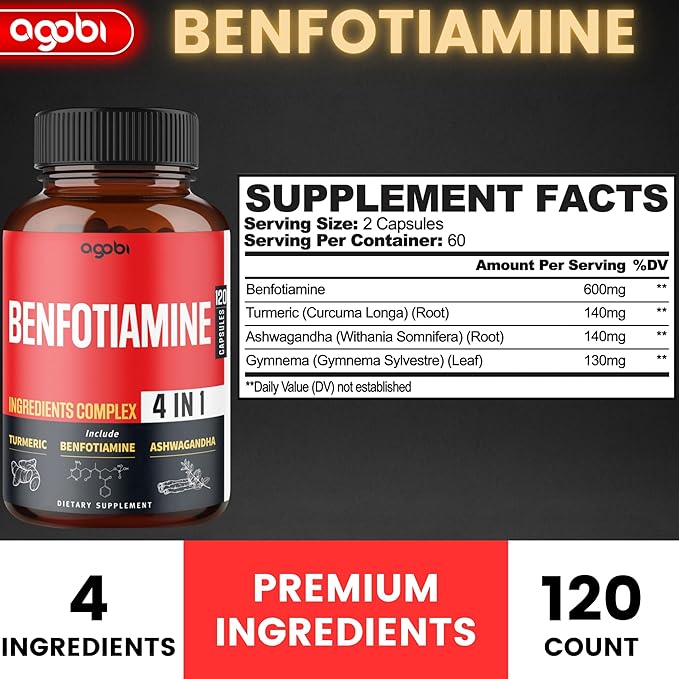 agobi 4in1 Benfotiamine Supplement - 2 Months for Digestion Energy Production &amp Immune - Plus Turmeric Curcumin Root Ashwagandha Root &amp Organic Gymnema Sylvestre - 120 Capsules