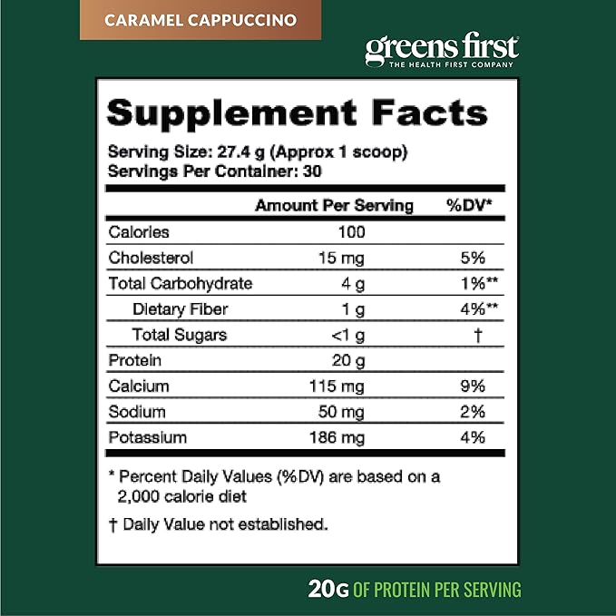 Greens First Dream Protein Powder Whey - 20g Protein Per Serving - Hormone-Free with Prebiotics - Non-GMO - No Artificial Sweeteners/MSG/Aspartame (Caramel Cappuccino 25 oz)