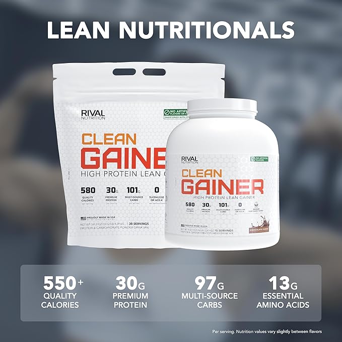 RIVAL NUTRITION Clean Gainer Protein Powder – 5LB Soft Serve Vanilla – High Protein Lean Mass &amp Weight Gainer | 550 Calories 30g Protein 97g Multi-Source Carbs No Artificial Flavor – 16 Serving