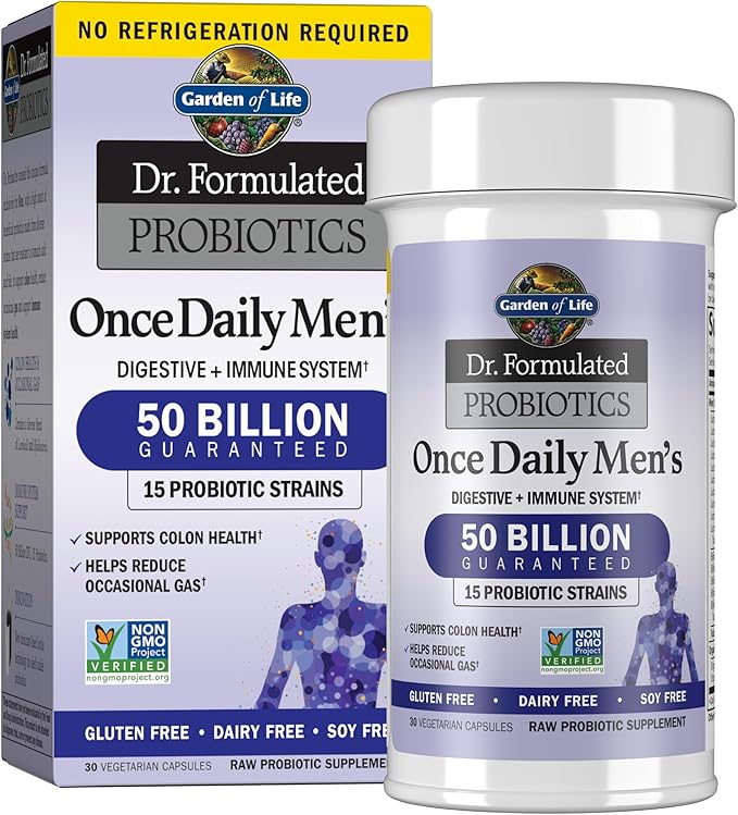Garden of Life Probiotics for Men Dr Formulated 50 Billion CFU 15 Probiotics for Digestive Health + Organic Prebiotic Fiber Colon &amp Immune Support Daily Gas Relief Shelf Stable 30 Capsules