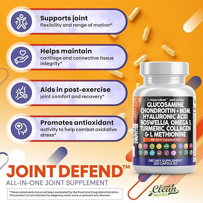 Clean Nutraceuticals Glucosamine Chondroitin MSM 1500mg with Turmeric Curcumin Collagen Hyaluronic Acid Omega 3 – Joint Health Supplement for Men &amp Women (120 Count (Pack of 2))