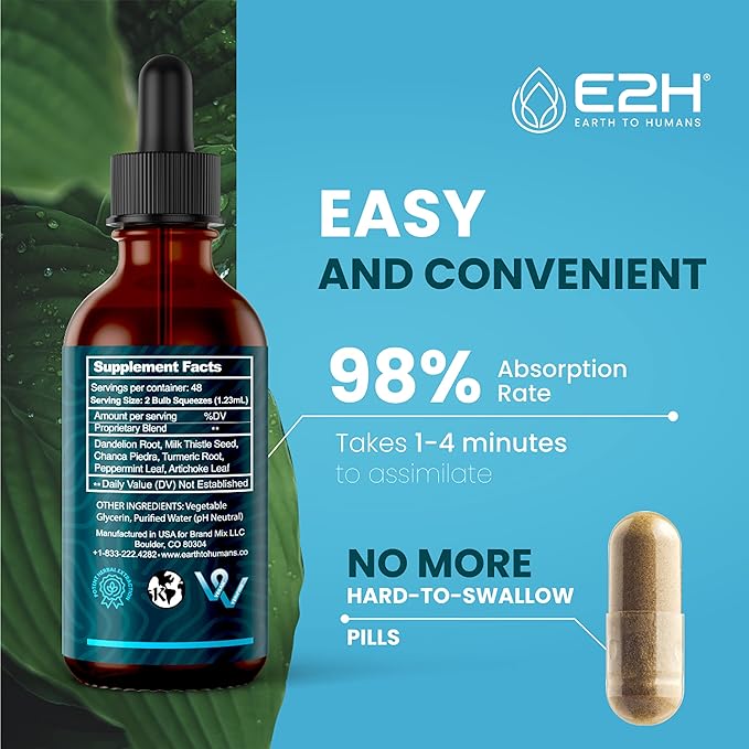 E2H Liver Support Supplement with Milk Thistle - Liver Health Formula - Artichoke Extract Dandelion Root Chanca Piedra and More - Absorbent Liquid Formula (2 Bottles)