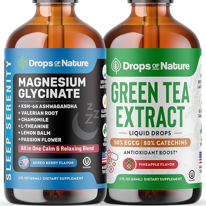 Drops Of Nature Magnesium Glycinate &amp Ashwagandha Drops (Mixed Berry 60mL) &amp Green Tea Extract Liquid Drops (Pineapple 60mL) – Vegan Non-GMO Fast Absorbing – Balanced Energy Daily Clarity