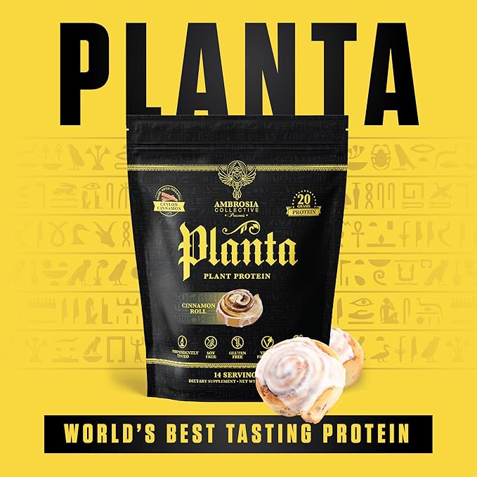 Ambrosia Planta - Premium Plant-Based Protein | Vegan &amp Keto Friendly | Gourmet Flavors with No Bloating or Stomach Upset | Gluten &amp Soy Free | No Added Sugar | 14 Servings | (Cinnamon Roll)