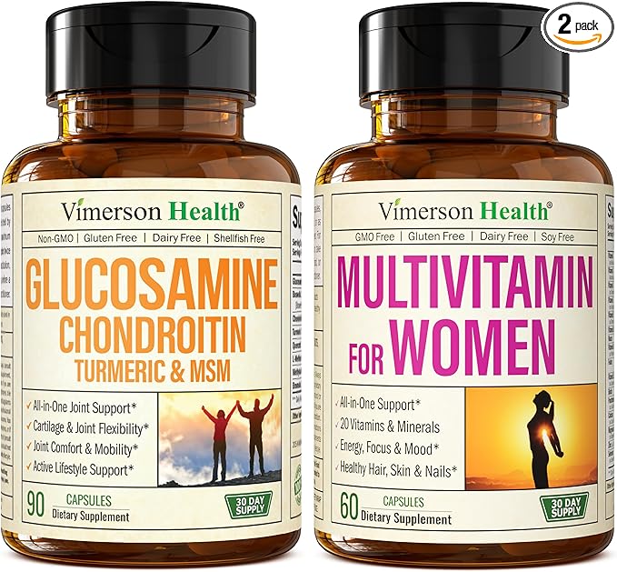 Glucosamine Chondroitin Turmeric + Multivitamin for Women 2-Bottle Supplement Bundle for Her. Healthy Immune Response Joint Support Antioxidant Properties