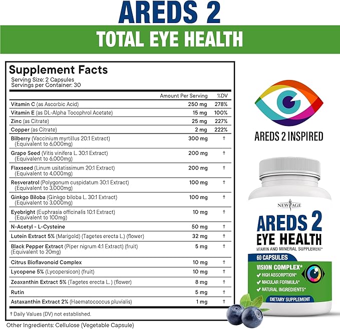NEW AGE AREDS 2 Eye Vitamins - Lutein Zeaxanthin Bilberry Astaxanthin Mineral Vision Supplement - 60 Count