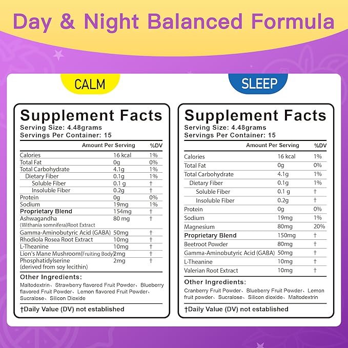 Calm Magnesium Powder Drink Mix - Magnesium Glycinate Ashwagandha Lions Mane Mushroom L-theanine Rhodiola Rosea Beetroot GABA Valerian Root - 30 Packets