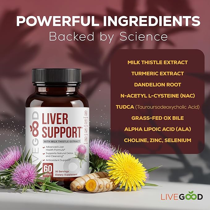 LIVEGOOD Liver Support Supplement for Liver Cleanse Detox Milk Thistle and Dandelion Root with Turmeric and Alpha Lipoic Acid for Overall Health (60 Count)