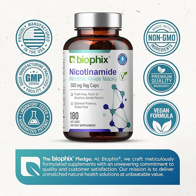 biophix B-3 Nicotinamide 500 mg 180 Vcaps Plus Free Vitamin D-3 5000 IU 30 Softgels - Nicotinic Amide Niacin Natural Flush-Free Vitamin Formula - Supports Skin Cell Health