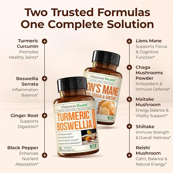 Boswellia Turmeric Curcumin Supplement + Lions Mane Supplement Capsules Bundle – for Joint Health Mood &amp Immune Support – with Ginger Organic Turmeric Powder Turkey Tail Shiitake Mushrooms &am