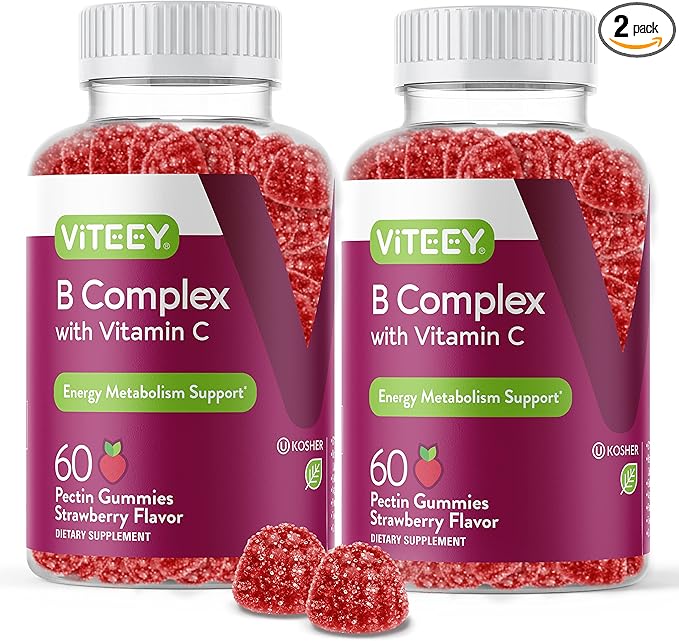 Viteey Vitamin B Complex Gummies with Vitamin C - Energy Metabolism &amp Immune Support - B6 B12 Niacin Folic Acid Biotin Calcium - Vegan Gluten-Free - 120 Count