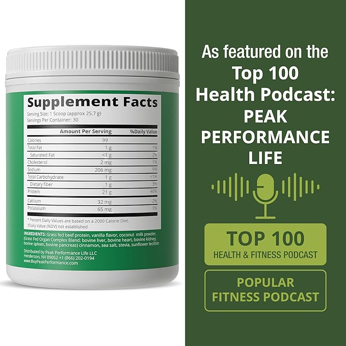 Grass Fed Beef Protein Powder + Organ Complex - Lactose Free Great Tasting Beef Protein Isolate - Animal Based Non Dairy No Whey Paleo Carnivore Supplement for Muscle Building - Vanilla Flavor