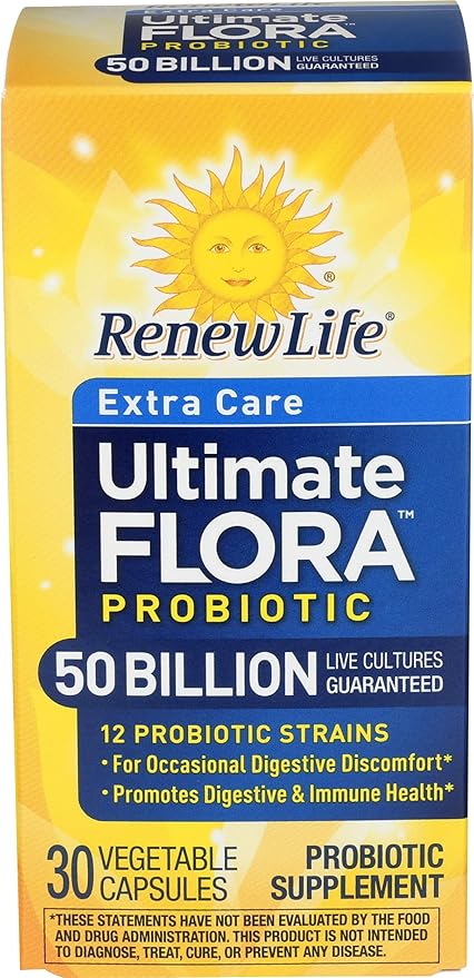 Renew Life Extra Care Digestive Probiotic Capsules 50 Billion CFU Guaranteed Daily Supplement Supports Immune Digestive Respiratory Health(1) L. Rhamnosus GG Dairy Soy and Gluten-Free 30 Count