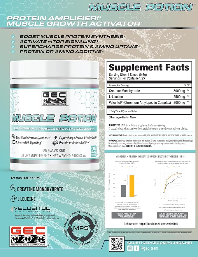 GEC Muscle Potion Creatine Monohydrate Powder (25 Servings) – Post Workout Muscle Growth Supplement with 5000mg Creatine 2500mg L-Leucine &amp 2000mg Velositol – Unflavored Muscle Recovery &amp St