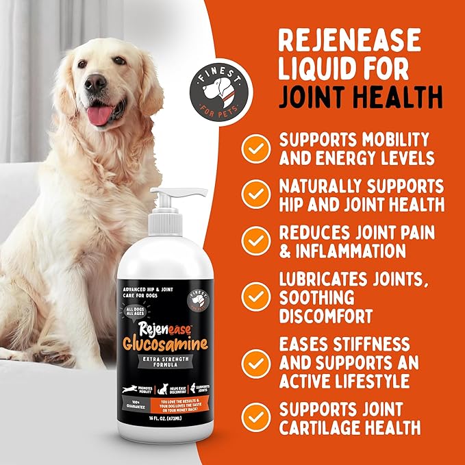 Liquid Glucosamine for Dogs with Chondroitin MSM &amp Hyaluronic Acid (16oz). Hip &amp Joint Supplement Supports Better Mobility &amp Promotes New Cartilage. Eases Joint Stiffness. Rejenease Made