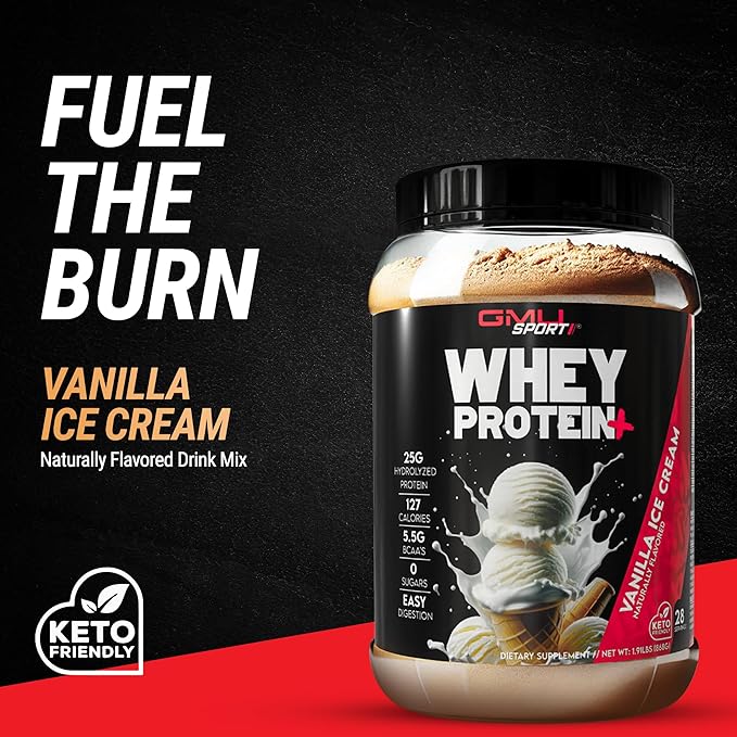 GMU SPORT Whey Protein Powder+ Concentrate 2lb | 25g Protein for Muscle Growth &amp Recovery | Delicious Flavor Easy to Mix | Non-GMO Gluten-Free |28 Servings Vanilla Protein Supplement