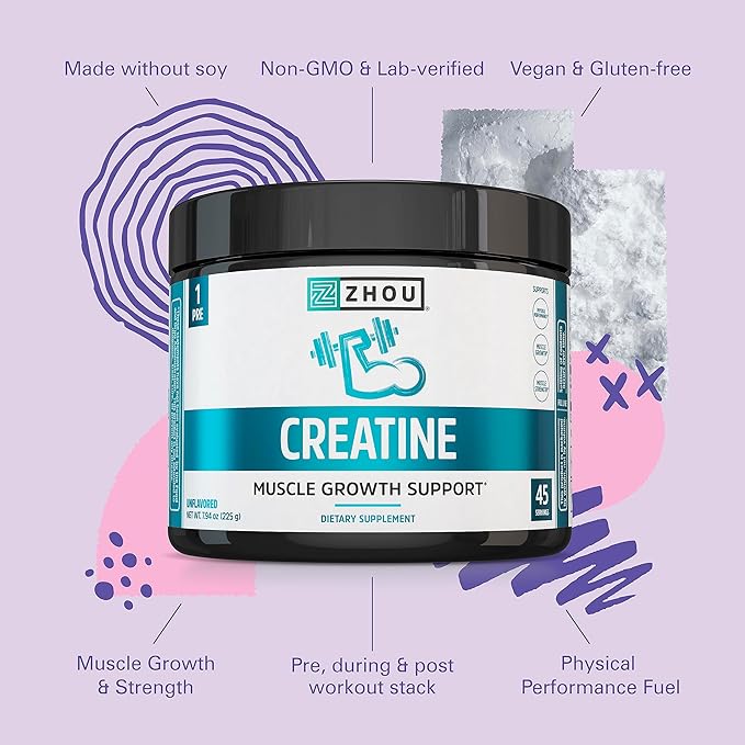 Zhou Creatine - Creatine Monohydrate Powder for Women and Men Pure Unflavored Vegan Muscle Strength Supplement for Your Active Lifestyle - 7.94 oz (45 Servings)