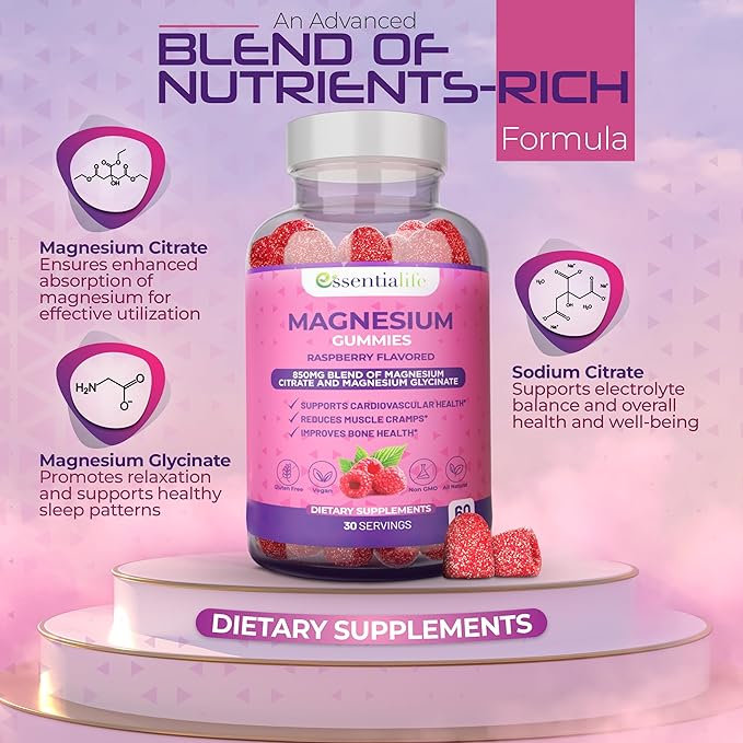 Magnesium Gummies 2 Packs Essentialife 100mg Per Serving - Blend of Magnesium Citrate &amp Magnesium Glycinate - Supports Healthy Digestion - Stay Calm &amp Energetic with Magnesium Supplements for