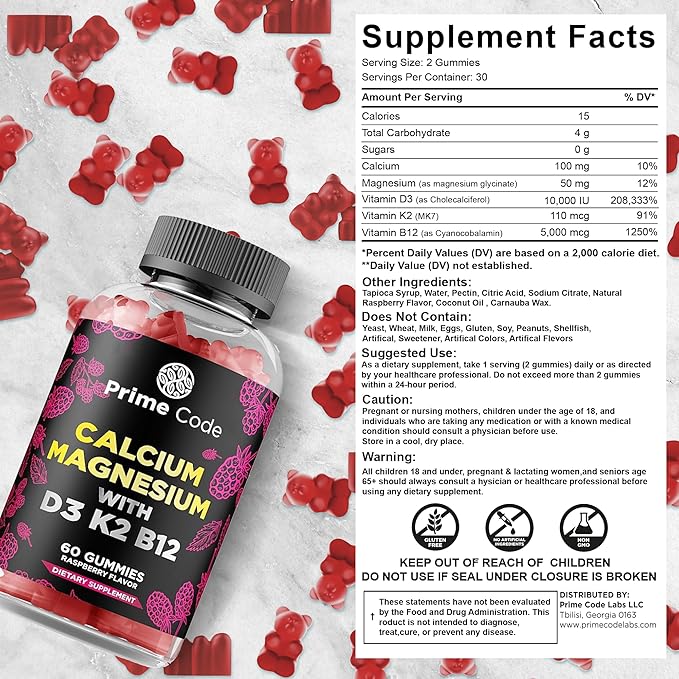 Prime Code Calcium Gummies for Women &amp Men with Magnesium Vitamin B12 Vitamin K2 &amp Vitamin D3 CoQ10 200mg &amp Vitamin C 250mg Gummies