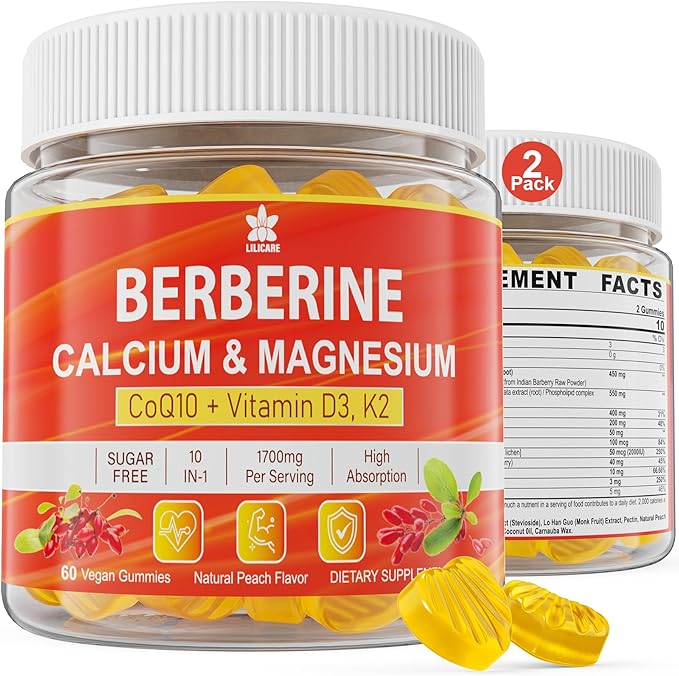 Sugar-Free Vitamin D3 K2 Gummies with Calcium Magnesium Citrate Vitamin C + Berberine Supplement Gummies with Liposomal Berberine &amp Berberine HCI Calcium Magnesium