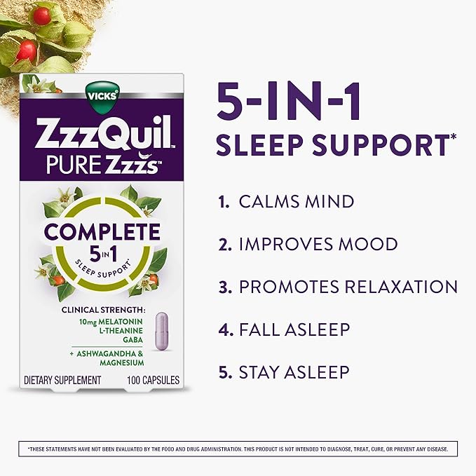ZzzQuil Pure Zzzs Complete Sleep Melatonin 10mg L-Theanine GABA with Ashwagandha and Magnesium Melatonin Sleep Aid 100 Count