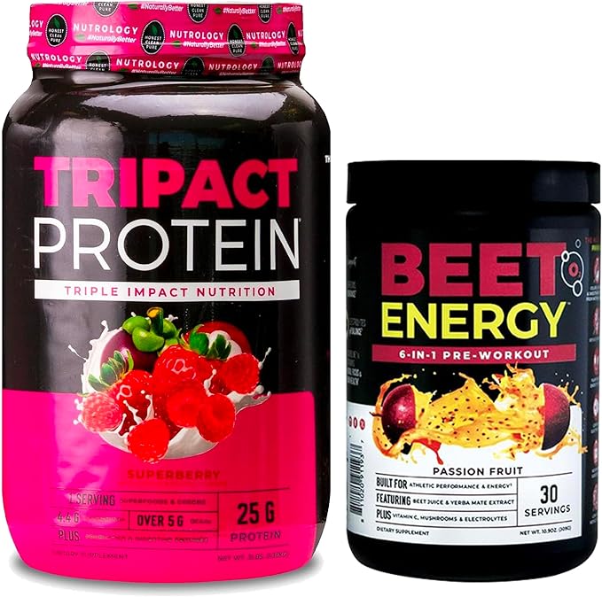 Nutrology TRIPACT Protein Powder 7-in-1 Meal Replacement Shake Superberry (40 Servings) Beet Natural O2 Pre Workout Powder Passion Fruit Flavor (30 Servings)