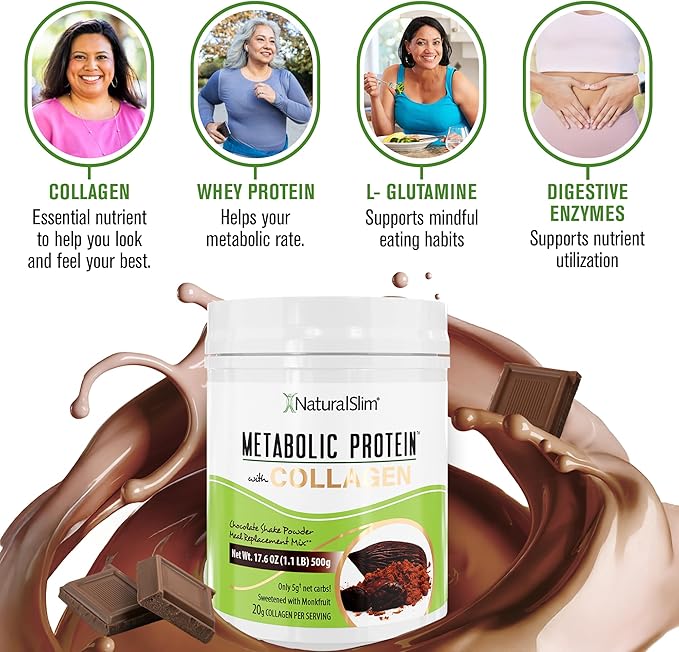 Metabolic Protein Powder with Collagen Chocolate whey protein powder shake Hydrolyzed Collagen with L-Glutamine for Digestion Skin Joints &amp Muscle Low Carb Meal Replacement 17.06 oz