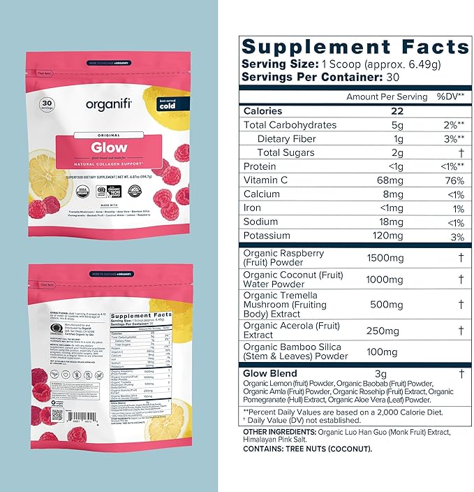 Organifi Glow - Vegan Collagen Powder for Women - Organic Flavored Water Ingredient 30 Servings