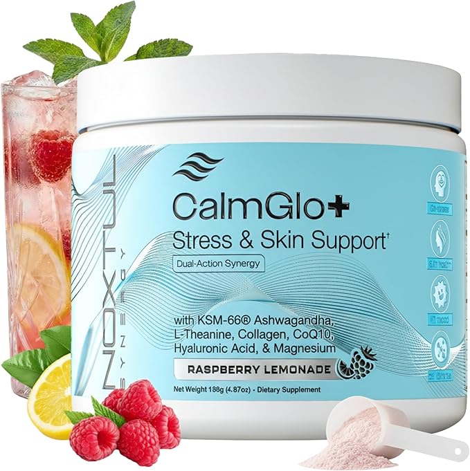 Daily Stress &amp Skin Support Drink Powder – Adaptogen Cortisol Reducer with Ashwagandha KSM-66 L-Theanine Magnesium &amp Collagen Peptides – Mood Focus &amp Hydration - Raspberry Lemonade 30