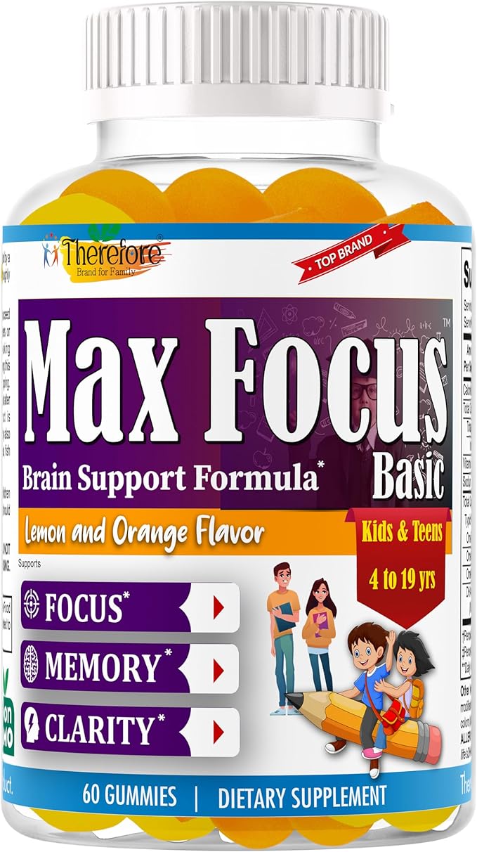 Max Focus Gummies for Kids &amp Teens with Omega 3 DHA – Brain Focus Supplement for Kids Memory Attention Concentration &amp Clarity Support – Delicious Orange Flavor – 60 Gummies