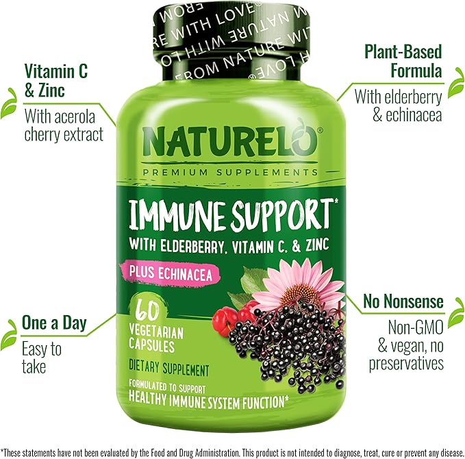 NATURELO Immune Support – Vitamin C Elderberry Zinc Echinacea – Natural Immunity Boost w/Antioxidant Herbal &amp Mineral Defense - 60 Vegan Capsules (Pack of 2)
