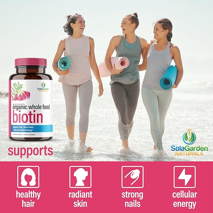 Whole Food Biotin Supplement - Contains Certified Organic Plant Based Biotin from Sesbania Agati Trees - by SolaGarden Naturals. May Support Hair Skin and Nails. 60 Non GMO Veggie Capsules.