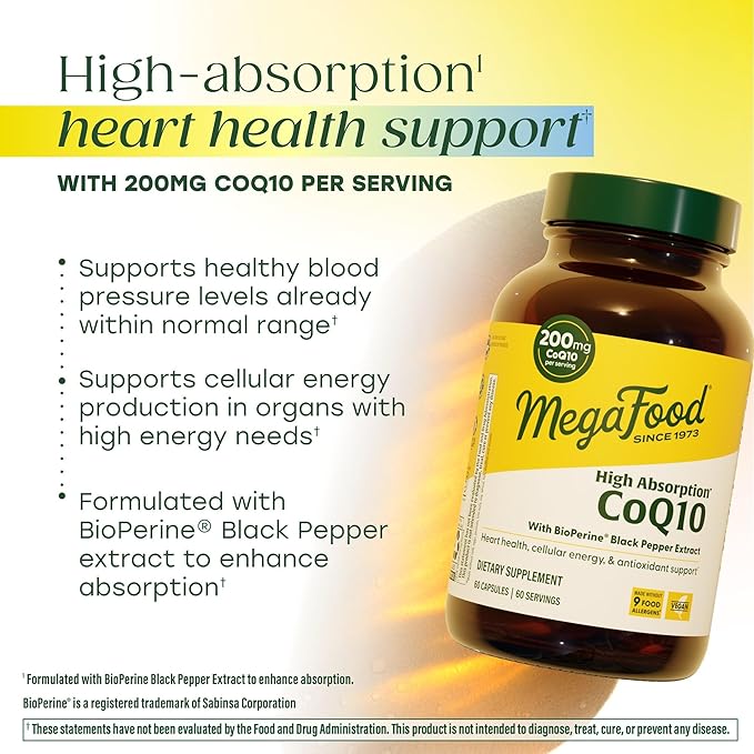 MegaFood High Absorption CoQ10 200mg Per Serving - with BioPerine Black Pepper Extract - Antioxidant Support for Cellular Energy &amp Healthy Aging - 60 Heart Health Supplements Capsules 60 Servings