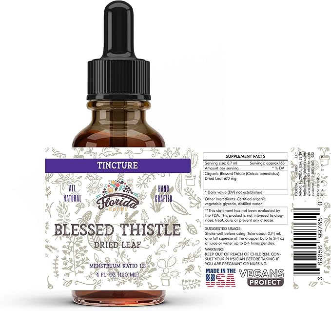 Blessed Thistle Tincture Organic Blessed Thistle Extract (Cnicus benedictus) Herbal Supplement Non-GMO in Cold-Pressed Organic Vegetable Glycerin 700 mg 4 oz (120 ml)