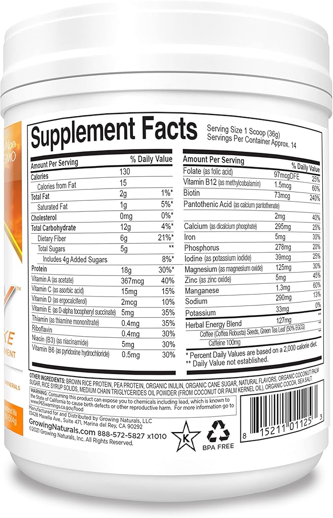 Growing Naturals All Natural Plant Based Protein One &amp Done Super Shake 18g Protein with Non-GMO High Fiber and Gluten Free A.M. Energy 1 Pound (Pack of 1)
