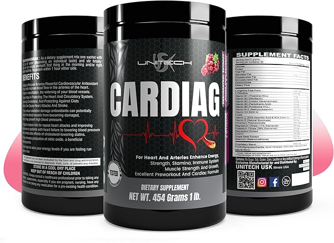 Unitech USK Cardiag Grape Powder | Natural Supplement with L-Arginine L-Citrulline Grape Seed Extract Resveratrol and Coenzyme Q10 | Grape Flavor 16 oz