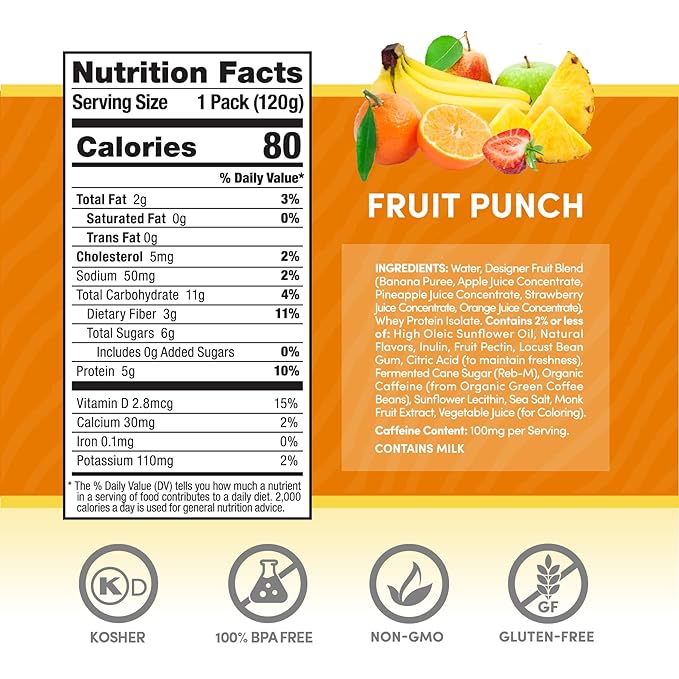 Designer Wellness Energy Smoothie Real Fruit 100mg Natural Caffeine 5g Protein Low Carb Zero Added Sugar Gluten-Free Fruit Punch 12 Count