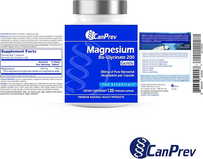 CanPrev Magnesium Bis-Glycinate Gentle 200mg 120 V-Caps 120-Day Supply - Pure Elemental Magnesium Supplement Supports Bone and Muscle Function Gentle on Stomach Perfect for Daily Magnesium Needs